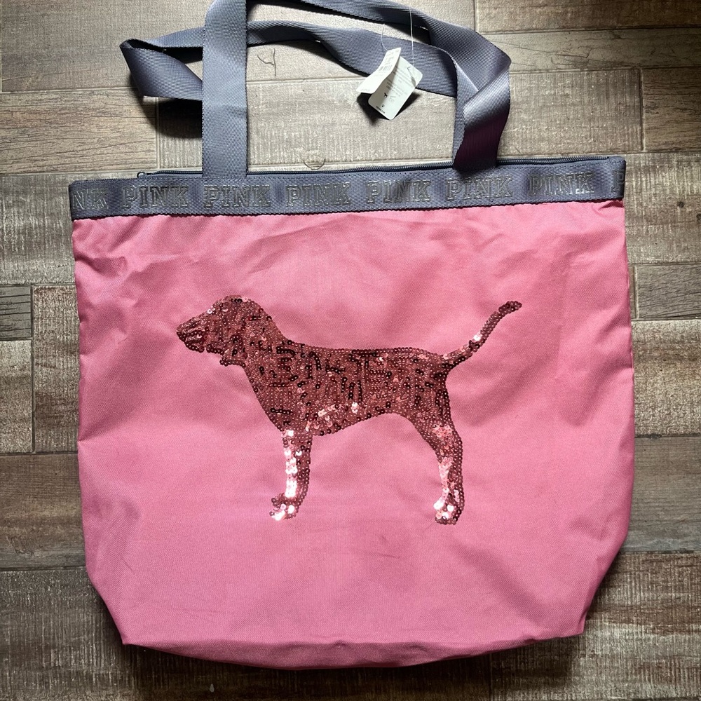Victoria's Secret PINK SEQUINS BLING Pink Dog Tote  17"